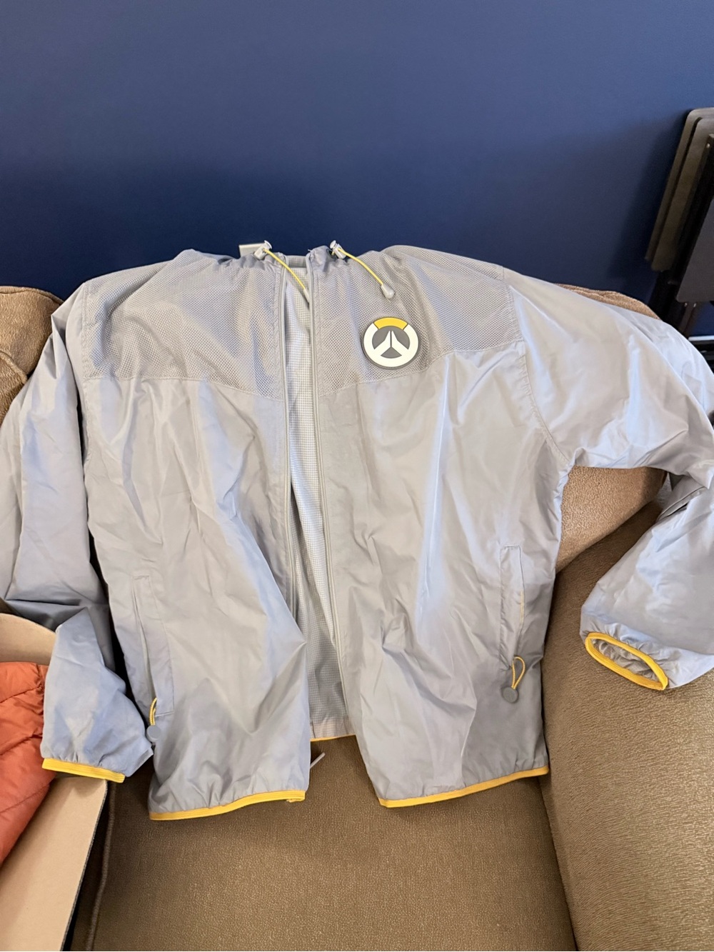 Overwatch Light Gray Windbreaker Jacket with Yellow Trim